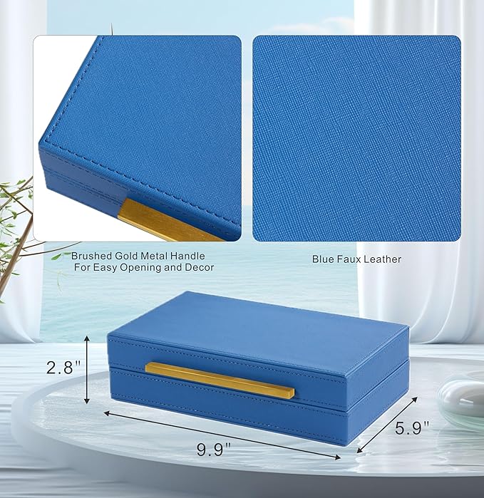 Blue Small Decorative Box with Brushed Gold handle, Faux Leather Keepsake and Memory Box, Home Storage Box with Lid for Modern Home, Jewelry Organizer Box (Blue-Gold, 1pack)