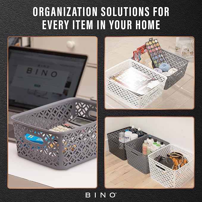 BINO l Plastic Storage Baskets, Large - White | THE BLOSSOM COLLECTION l Multi-Use Organizer Bin l Built-in Handles l Plastic Woven Basket for Organizing l Pantry & Home Organizing Basket