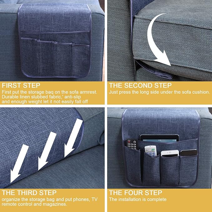 Sofa Armrest Organizer Non-Slip Remote Control Holders for Recliner Couch Chair Armchair Caddy with 5 Pockets for Table,Cell Phone,Ipad,Magazines,Books (13x35In, Navyblue)