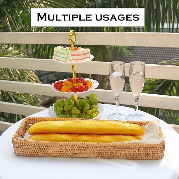 Rattan Toilet Tank Basket Woven Guest Towel Holder Decorative Wicker Tray 17" x 6" x 2" for Serving Bread or Shelves Bathroom Counter Organizers and Storage (17 x 6 x 2 inches, Honey Brown)