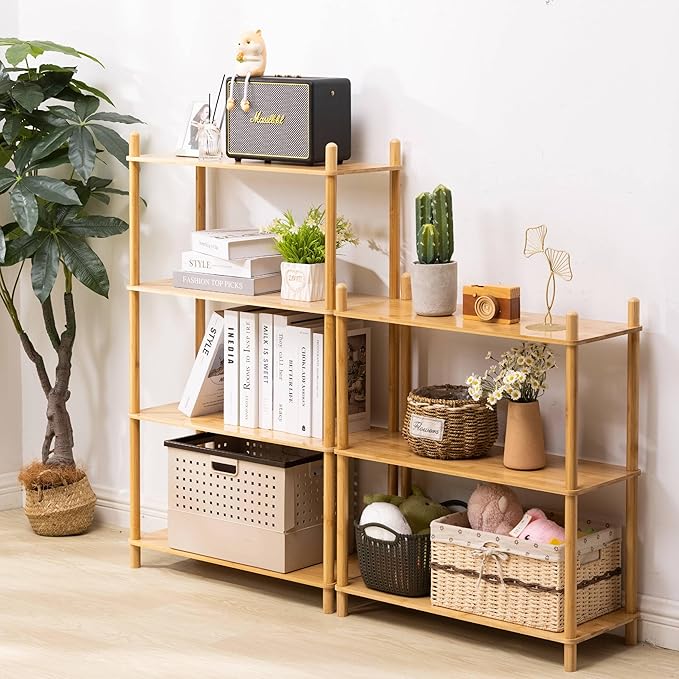 3-Tier Expandable Freestanding Open Bamboo Book Shelf - No-Tool Assembly & Modular,Bathroom Storage Shelf Unit Plant Stand for Small Space, Bedroom, Living Room, Home Office