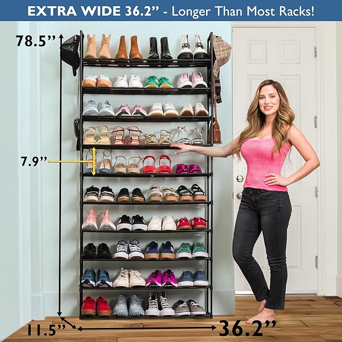 Sundaze Shoe Rack - 10 Tier Metal Shoe Rack for Front Door Entrance, Sturdy Tall Shoe Organizer for Closet, Bedroom, Entryway, Garage, Black Metal Shoe Shelf, Holds Up to 50 Pairs