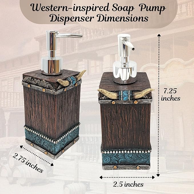 BestGiftEver Southwestern Soap Dispenser - Cowboy Bathroom Accessories - Faux Horns and Tooled Leather-Inspired Soap Pump - Native Indian Home Decor - Western Bathroom Decor Rustic Lotion Dispenser