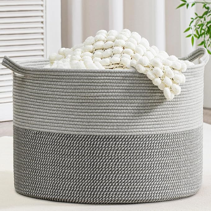 XXXLarge Woven Cotton Rope Basket (21.7" x 13.8") 90L – Blanket Basket for Living Room, Laundry Hamper, Baby Laundry Hamper, Toy Storage, Pillows & Cushions Organizer (Mixed Grey)
