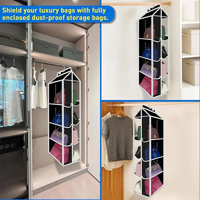 Purse Organizer for Closet, with Zippered-Dustproof, Purse Organizer, Designed for Oversized Wallets & Holds 8-16 Purses, organizador de carteras de Mujer,Black-Purse Storage