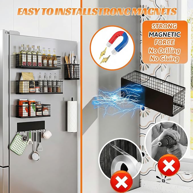 Magnetic Organizer For Refrigerator,With Spice Rack,Hooks Paper Towel Holder Utensils Racks, For Traeger Grills Of Washing Machine Side(Black) (Black, 6-Pack)