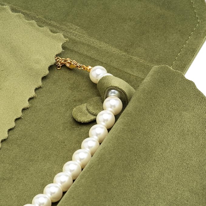 Velvet Necklace Jewelry Travel Folder Storage Display Case (Olive Green)