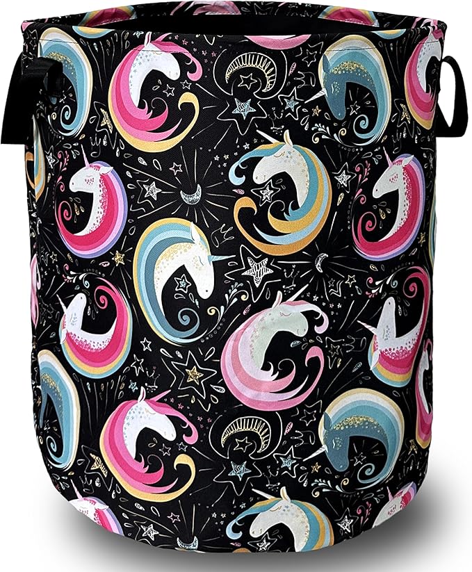 Colorful Unicorn Laundry Basket Foldable With Handles Tote Bag Oxford Cloth Funny Animal Laundry Hamper Clothes Storage Bucket Toy Organizer 18.9" x 16.5" For Bathroom/Laundry/Bedroom