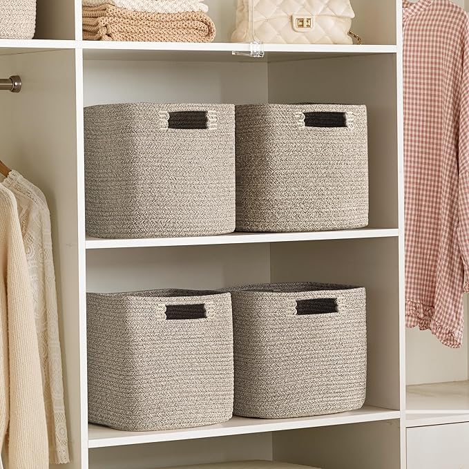 UBBCARE Set of 4 Storage Basket-12 X 12 X 12 in, Cotton Rope Basket for Shelves, Toys, Book, Cube Storage Bins with Handles, Woven Storage Baskets for Organizing, Mix-Brown