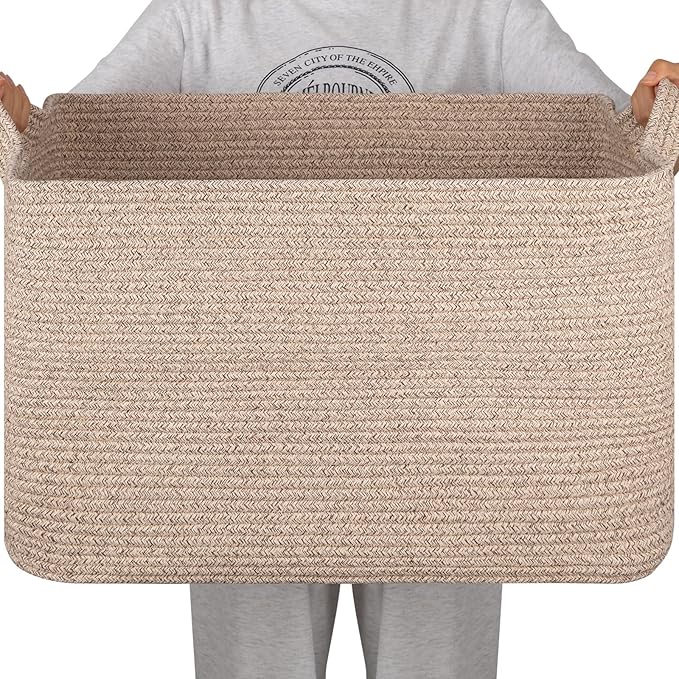 95L Large Storage Basket, Cotton Rope Woven Blanket Basket, Toy Storage for Baby Room, Living Room, 24" x 16.9" x 14.2", Brown