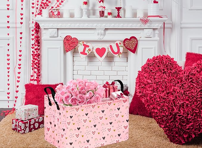 valentines basket Rec Pink Heart Print Box Hamper Storage Basket Collapsible Organizer Bin Gift Shelf Baskets for Home and Kitchen Storage
