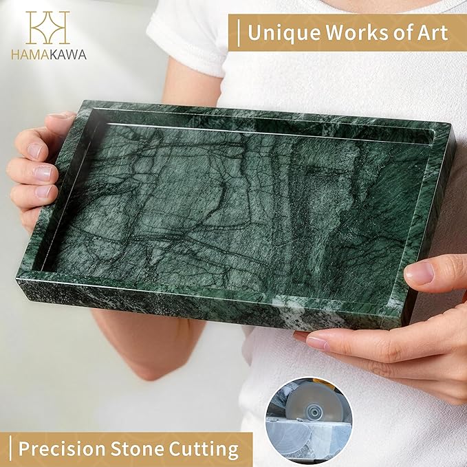 Large Bathroom Vanity Tray, Real Natural Marble Tray 12 inch, Emerald Green Marble Stone Toilet Tank Trays, Modern Dresser Trays, Countertop Organizer for Kitchen Counter, Soap Dispenser