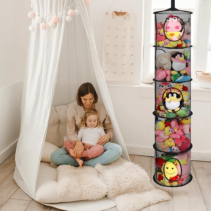 Hanging Net for Stuffed Animals, Foldable Storage Organizer 5 Compartments Toy Storage Organizer for Kid Room Toys, Gloves,Hats,Socks Storage（Black）