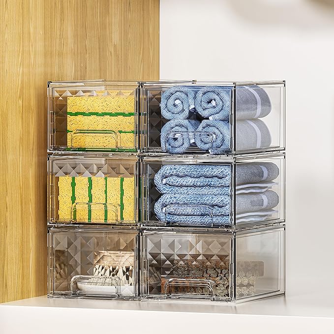 Delamu 6 Pack Stackable Storage Drawers, Makeup Skincare Holder Vanity Storage Organizer, Plastic Drawers For Vanity Desk, Undersink, Kitchen Cabinet, Pantry, Clear, Ideal Christmas Gifts for Girls