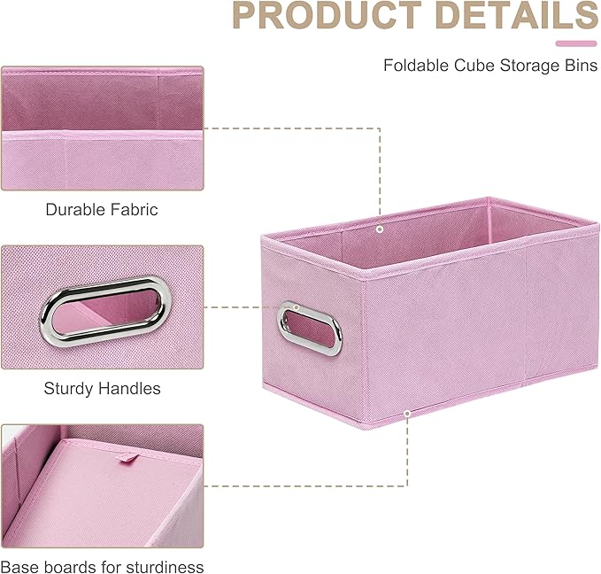 Narrow Storage Baskets for Shelves – Fabric Closet Organizers and Collapsible Storage Bins with Metal Handles – Space-Saving Baskets for Clothes, Towels, 5.9 x 11.8 x 5.9 inch (Pink)