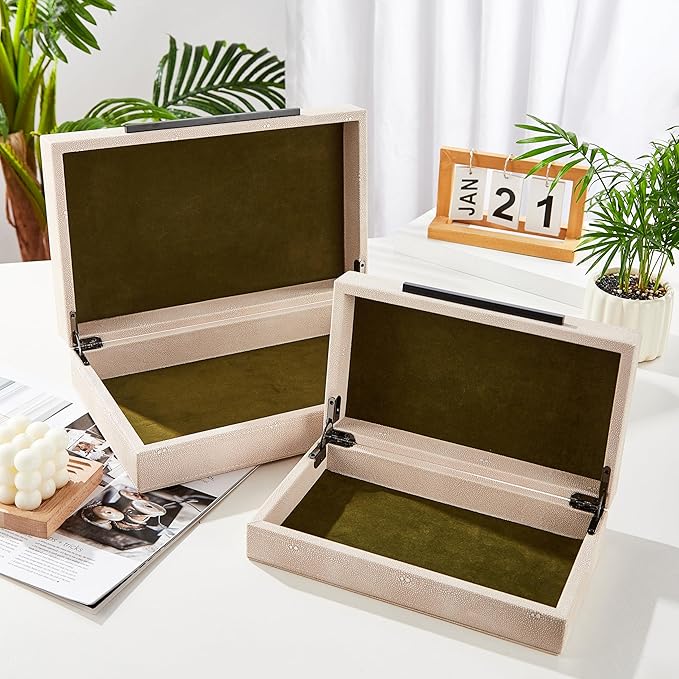 Denique Shagreen Decorative Boxes Set of 2, Leather Jewelry Storage Box Modern Storage Boxes with Lids, Ivory Stacking Boxes with Black Metal Handles Home Organizer Box