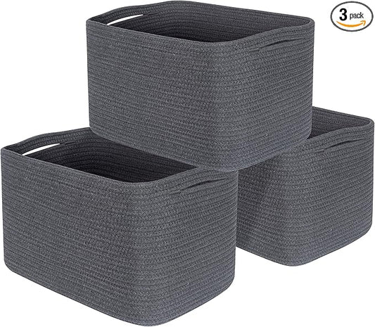 MINTWOOD Design 3-Pack Decorative Woven Storage Baskets for Shelves, Cube Bin Box for Organizing Books, Shoes, Dog Toys, Pantry Closet and Living Room Organizer, Charcoal Gray