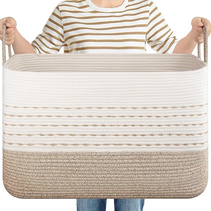 XXL Large Blanket Basket for Living Room, 108L Woven Storage Baskets for Organizing, Rectangle Cotton Rope Basket Toy Chest With Handles--Brown & White