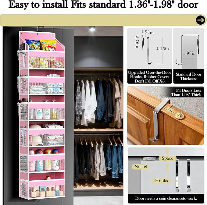 PAULONE 1 Pack Heavy Duty Over the Door Organizer, 6 Large + 12 Mesh Pockets with 89 lbs Capacity, Space-Saving Hanging Storage for Shoes, Toys, Bedroom & Closet (6-Layer Pink)