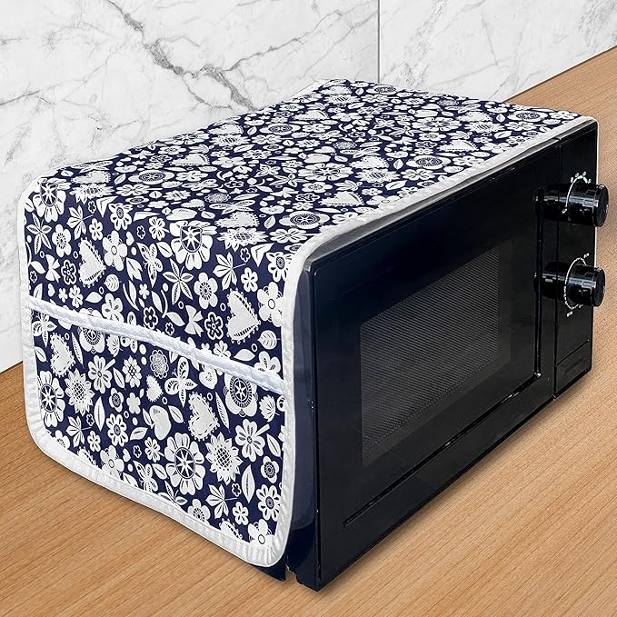 Ambesonne Navy Blue Microwave Oven Cover, Multi Designed Pattern with Hearts Butterflies Leafs and Dots Image, Water Resistant Organizer with Pockets for Kitchen, 36" x 12", Dark Blue