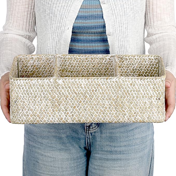 Hipiwe Seagrass Storage Basket Bin- 3 Sections Hand-Woven Toilet Basket Wicker Shelf Basket Bathroom Organizer Bins for Shelves, Kitchen, Pantry, Closets, Toilet Paper Tissue Organizer
