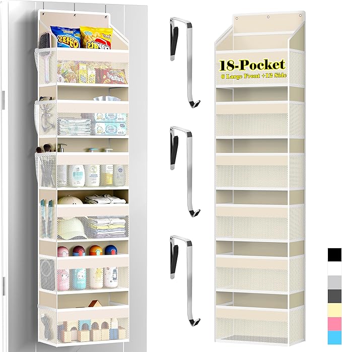 PAULONE 1 Pack Heavy Duty Over the Door Organizer, 6 Large + 12 Mesh Pockets with 89 lbs Capacity, Space-Saving Hanging Storage for Shoes, Toys, Bedroom & Closet (6-Layer Off-White)