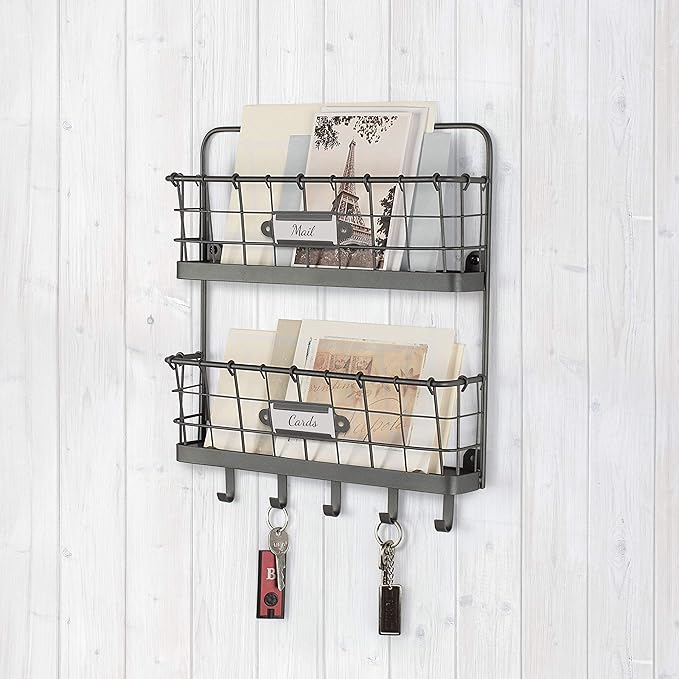 Spectrum Mail and Key Organizer for Wall, Vintage 2-Tier Mail Holder for Wall with 5 Key Hooks, Farmhouse Entryway Key and Mail Holder, Hanging Mail Organizer Rack for Letters Bills, Industrial Gray