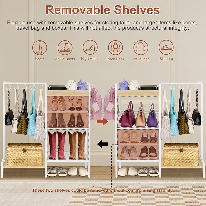 2-in-1 Shoe Rack for Closet with Purse Organizer, 5 Tier Shoes Shelf with Wooden Tray and Removable Shelves, Storage Organizer for Entryway, Garage, Hold Boots, Backpacks, White