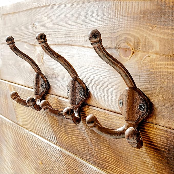 Dseap Cast Iron Wall Hooks L=5”, Heavy Duty Coat Hooks, Rustic Vintage Farmhouse Hook for Hanging Winter Coats Jackets Towels Hats Bags Plants, Antique Brown, Pack of 10 (GripBold)
