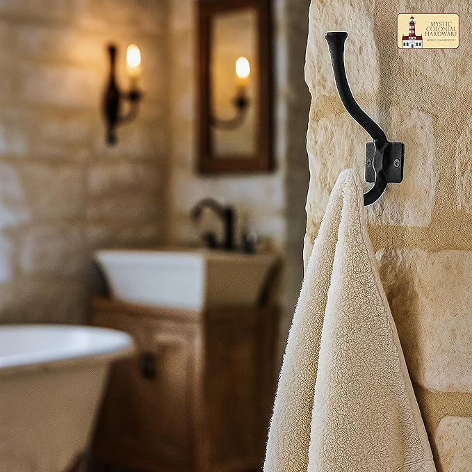 Mystic Colonial Medieval Rustic Cast Iron Wall Hooks (4 in x 3 in) Vintage Black Coated Double Coat & Hat Hook Hangers | Heavy-Duty Farmhouse, Gothic & Modern Decor - Pack of 10
