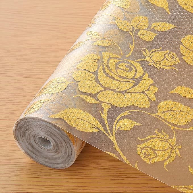INNOLITES Shelf Liner for Cabinets, Non-Adhesive for Kitchen Drawer Liner, Waterproof Shelf Paper with Floral Pattern, Durable Easy to Clean (Golden Rose, 23.6" x 120")