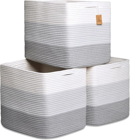 NaturalCozy 13x15x13 Kallax Storage Cubes Bins, 3 Pack | Cotton Rope Cube Storage Bin Woven Baskets for Organizing | Kallax Insert Storage Baskets for Shelves Organizer, Kids Toy, Closet Baby Nursery