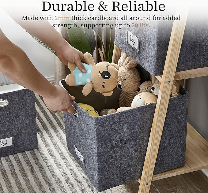 DECOMOMO Felt Storage Bins, 13 inch Cube Storage Bins with Labels for Organization (Cube 13" / 4pcs, Dark Grey)