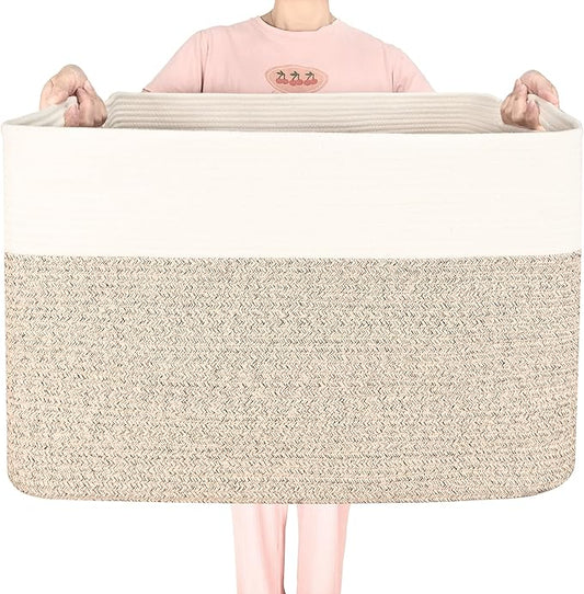 MINTWOOD Design 112L Extra Large Blanket Basket Holder Living Room, 25"x17"x16" Rectangle Rope Woven Storage Basket with Handles for Laundry, Pool Towels, Shoes, Dog Toy Organizer Bin Box, Light Brown