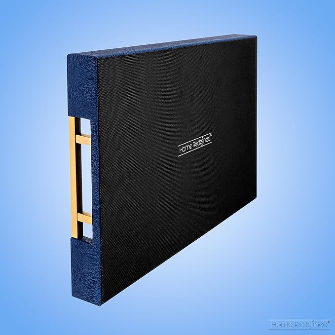 Modern Elegant 17.5âx12â Rectangle Navy Blue Faux Leather Shagreen Decorative Tray Ottoman Tray Coffee Table Perfume Living Room Kitchen Serving Tray with Brass Gold Metal Handles by Home Redefined.