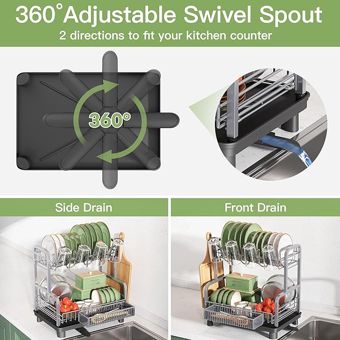 2 Tier Stainless Steel Large Capacity Dish Drainers Drying Rack for Kitchen Counter, Metal Gray Rust Proof Plate Strainers Holder On Countertop with Drainboard Tray, Space Saving, Aesthetic Modern