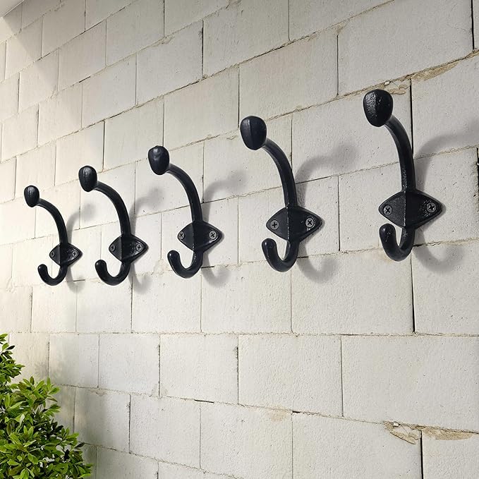 Dseap Cast Iron Wall Hooks L=5”, Heavy Duty Coat Hooks, Rustic Vintage Farmhouse Hook for Hanging Winter Coats Jackets Towels Hats Bags Plants, Antique Black, Pack of 5 (ShieldBold)