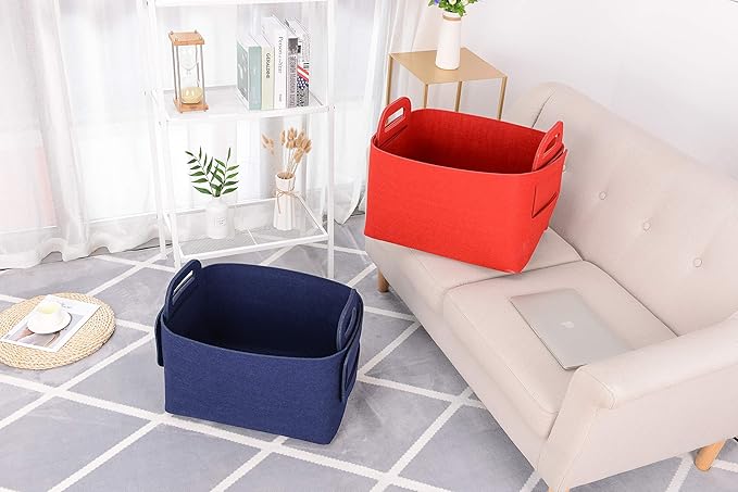 Minoisome Storage Basket Felt Storage Bin Collapsible& Convenient Box Organizer with Carry Handles for Office Bedroom Closet Babies Nursery Toys Laundry (Navy Blue, 13.8inch（L）×9.5inch（W）×8.3inch（H）)