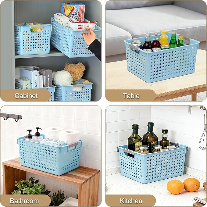 Soddeph 4 Pack Plastic Deep Storage Basket with Handles, Cubbies Organizer Bins with Hollow Design for Under Counter, Closet, Kitchen or Bathroom 12.3" × 8.7" × 6.9" (Blue, Medium)