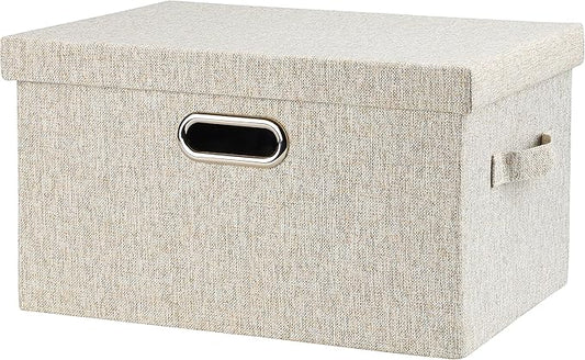 Medium 15" 21 Quart Collapsible Stackable Storage Bins with Lids, 1 Pack Beige Foldable Fabric Closet Storage Boxes with Lids, Heavy-duty Linen Baskets for Bedroom