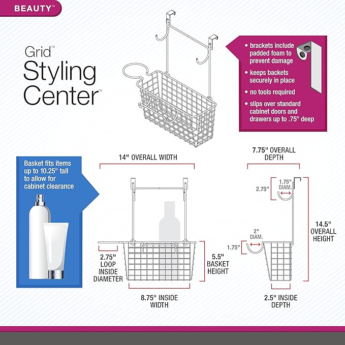 Spectrum Grid Over the Cabinet Styling Station (Satin Nickel Powder Coat) - Medium Bathroom & Under Sink Organizer for Hair Dryer, Beauty Tools, Accessories, & Home Essentials