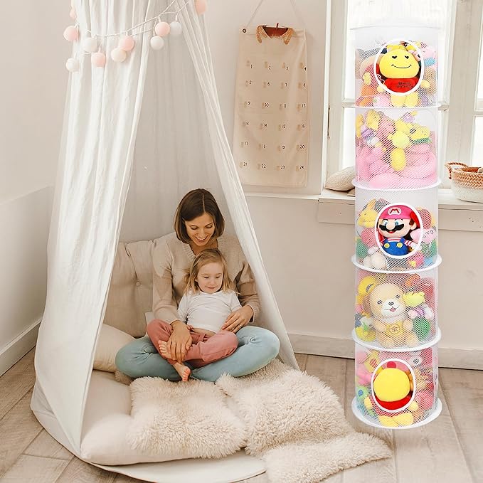 Hanging Mesh Stuffed Animal Storage Hammock Net, Foldable Large Toy Storage Organizer 5 Compartments Net for Stuffed Animals wall storage for Boys, Girls, Gloves, Hats, Socks（white）