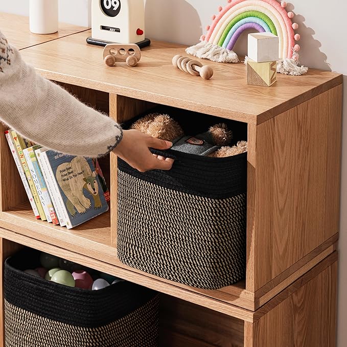 joybest 11inch Cube Storage Bins Set of 4, Cotton Rope Woven Organizer Basket for Shelves, Cube Bin Square Shelves Organizer Closet Storage, Nursery, Toy Organization, Black&Dark Brown