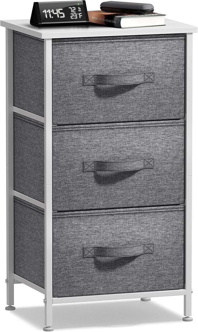 Sorbus Nightstand with 3 Drawers - Bedside Furniture & Night Stand End Table Dresser with Steel Frame, Wood Top, Easy Pull Fabric Bins for Home, Bedroom Accessories, Office & Dorm