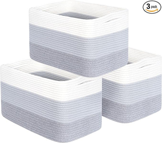 MINTWOOD Design 3-Pack Storage Baskets for Shelves, Playroom and Classroom, Book Basket, Decorative Storage Cube Bins, Woven Closet Organizers, Pantry and Shoe Organizer, 3-Tone Grey