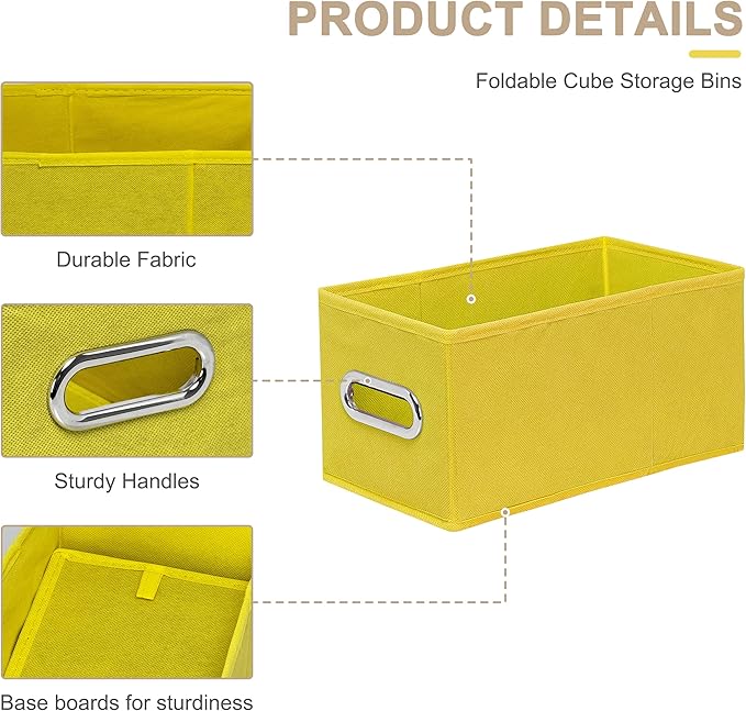 Narrow Storage Baskets for Shelves – Fabric Closet Organizers and Collapsible Storage Bins with Metal Handles – Space-Saving Baskets for Clothes, Towels, 5.9 x 11.8 x 5.9 inch (Yellow)