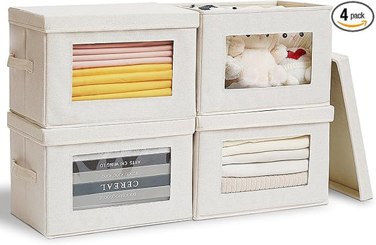 Citylife 4-Pack Storage Bins with Lids, Fabric Foldable Storage Bins with Soft Cord Handles, Cube Closet Storage Baskets with Lids, Organizers for Organizing Clothes and Books, Beige
