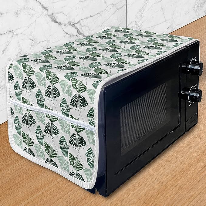 Ambesonne Gingko Microwave Oven Cover, Mother Nature Ginkgo Biloba Tree Leaves Homeopathic Therapy Foliage Pattern, Water Resistant Organizer with Pockets for Kitchen, 36" x 12", White Green