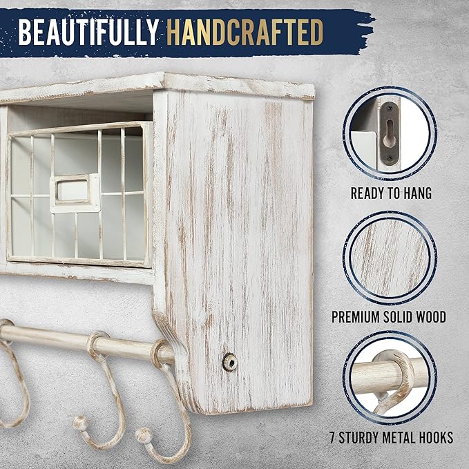 HBCY Creations Wall Mounted Shelf with Coat Hooks and Baskets, Solid Wood Entryway Organizer Wall Shelf with Hooks - Hang Coats, Keys or Coffee Mugs, Rustic Whitewashed 24" Wide