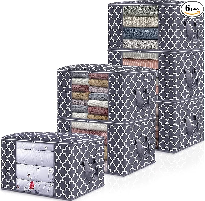WISELIFE Storage Bags, Large Blanket Clothes Organization and Storage Containers for Bedding, Comforters, Foldable Organizer with Reinforced Handle, Clear Window,Sturdy Zippers,(Grey, 6 x 100L)